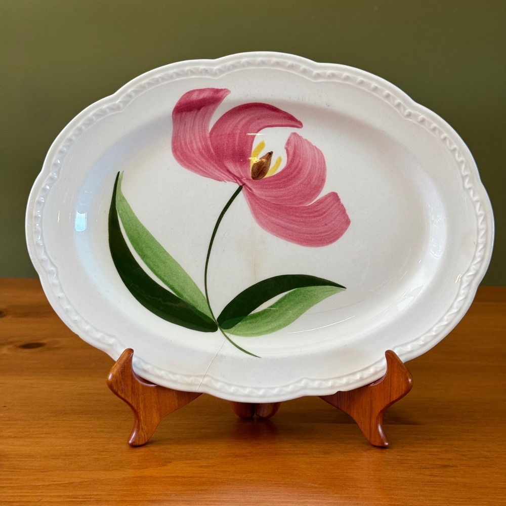 Vintage Harmony House Gloria Oval Serving Platter Hand Painted Pink Tulip 11.5in